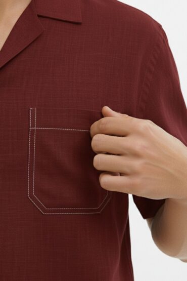 Deep Maroon Linen Cuban Collar Shirt
