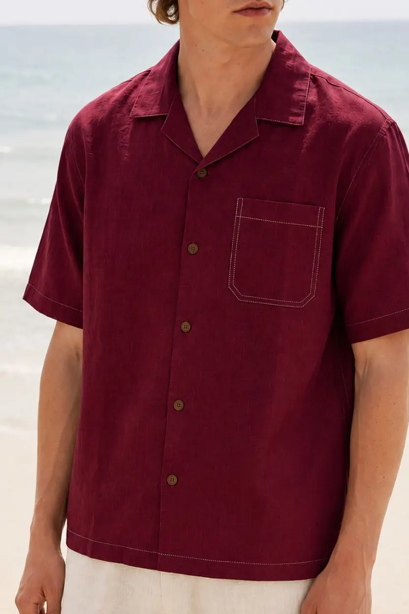 Deep Maroon Linen Cuban Collar Shirt - Image 4