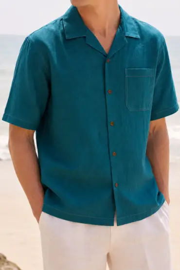 Forest Green Linen Cuban Collar Shirt