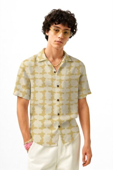 Beige Abstract Geometric Cuban Collar Shirt
