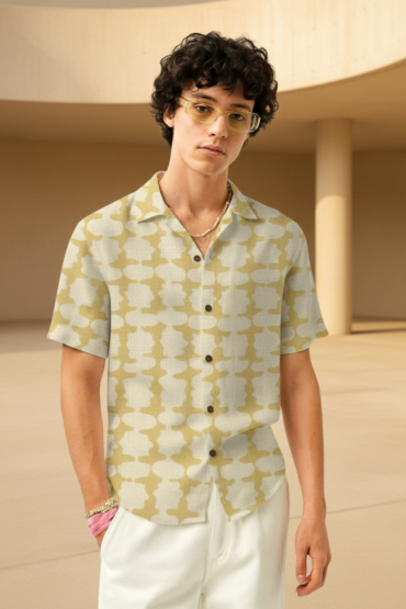 Beige Abstract Geometric Cuban Collar Shirt