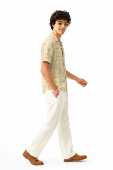 Beige Abstract Geometric Cuban Collar Shirt