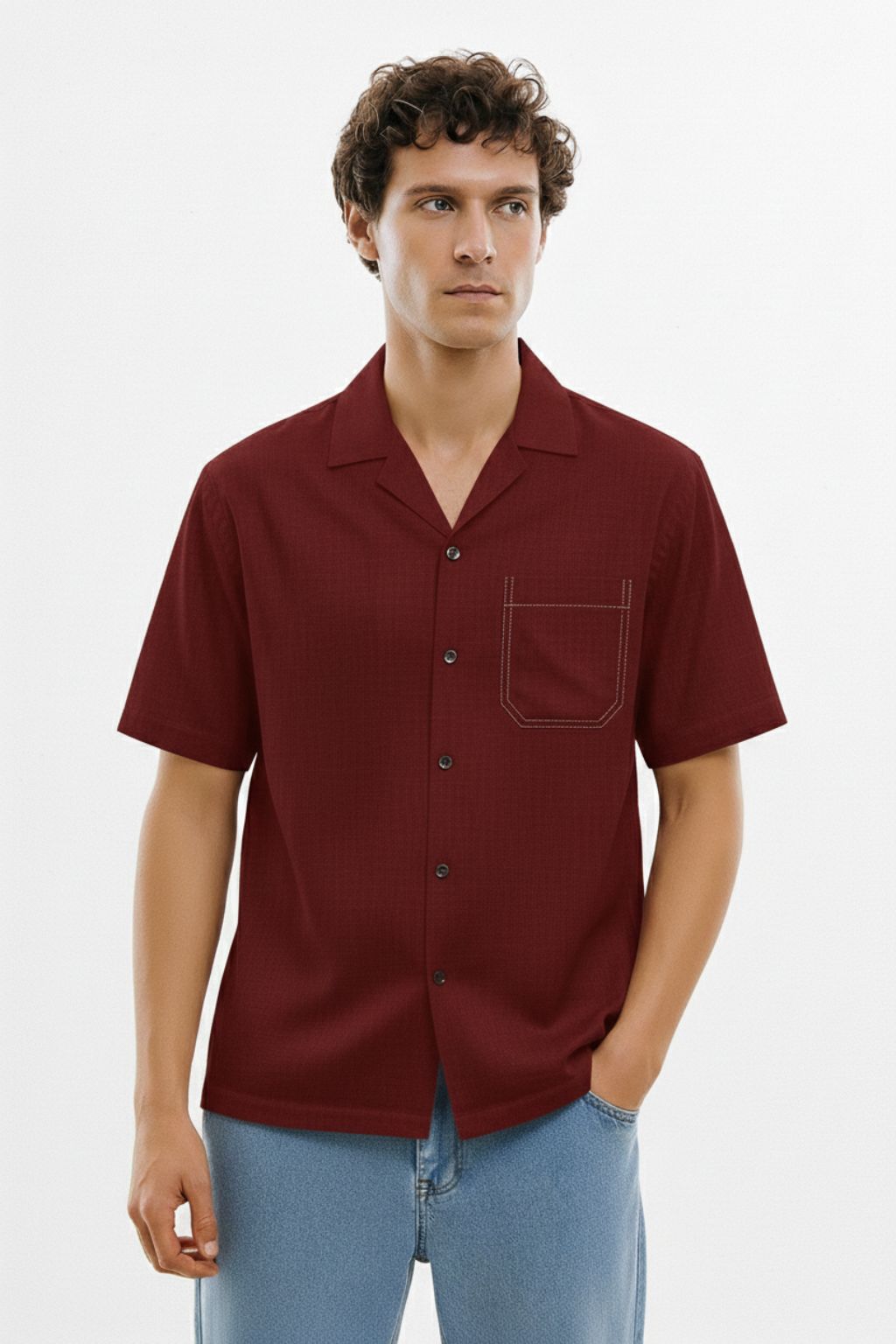 Deep Maroon Linen Cuban Collar Shirt - Image 3