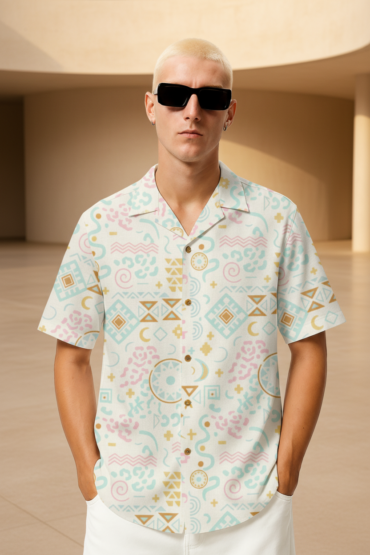 Pastel Abstract Geometric Cuban Collar Shirt