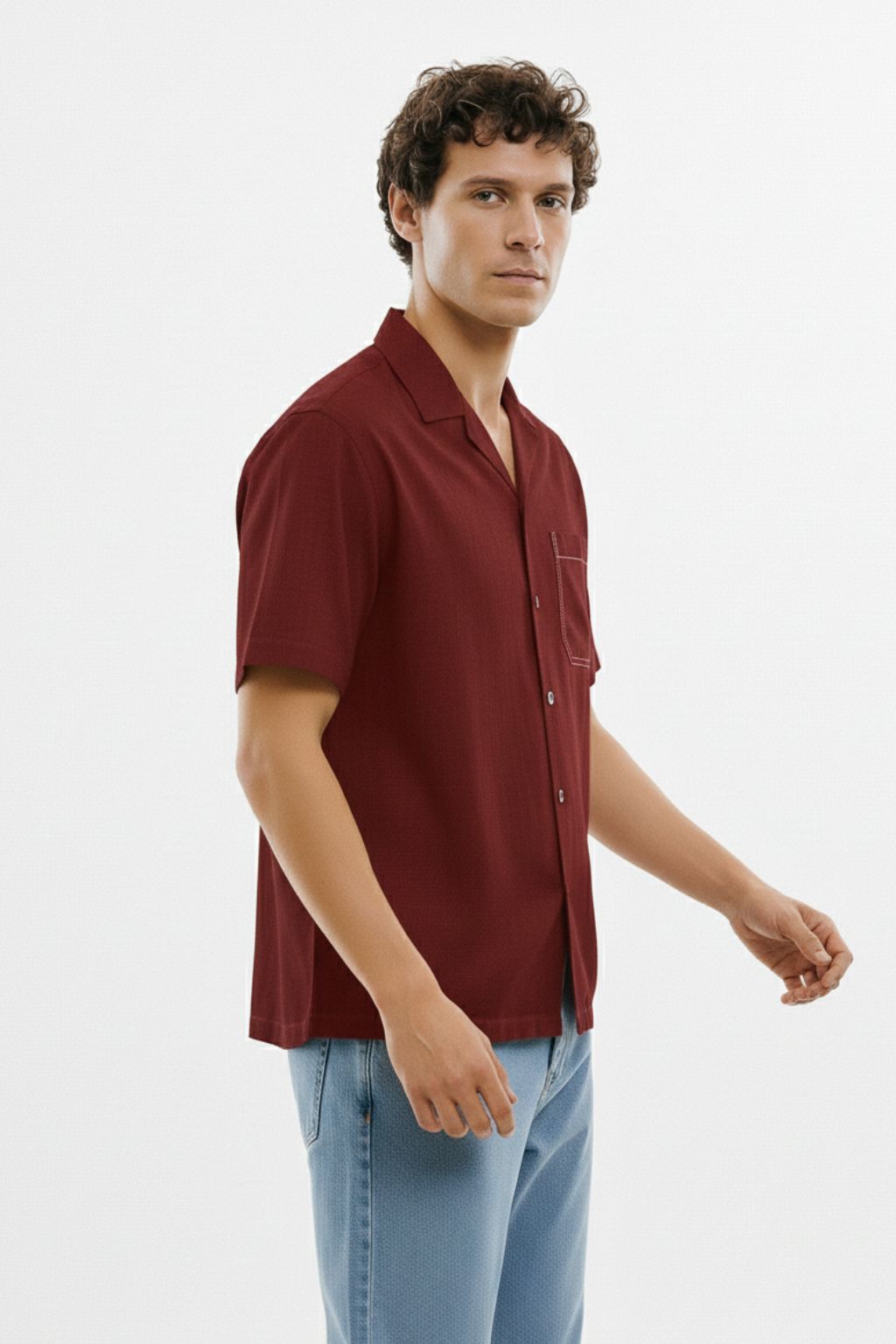 Deep Maroon Linen Cuban Collar Shirt - Image 2