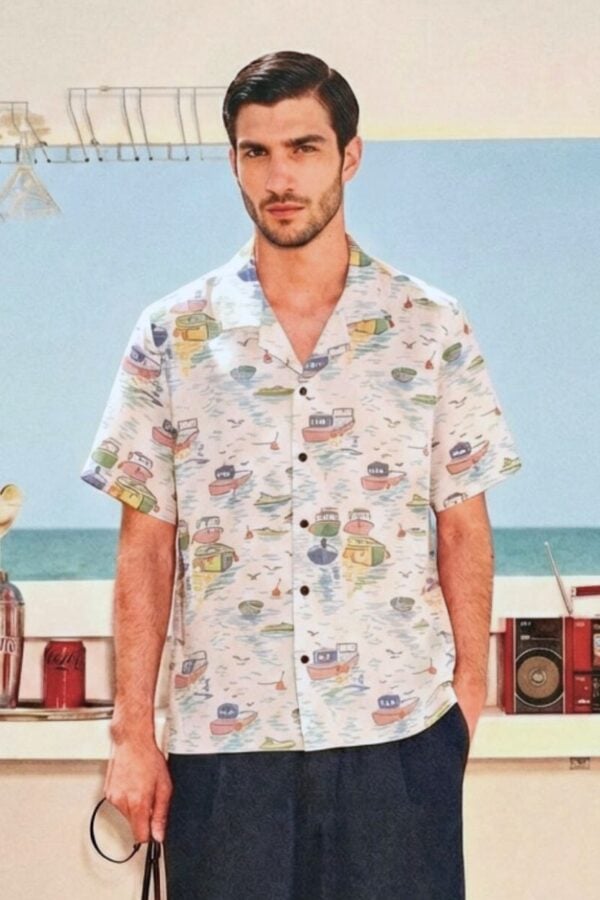 Vintage Boat Print Cuban Collar Shirt