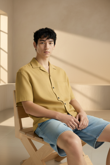 Mustard Beige Linen Cuban Collar Shirt