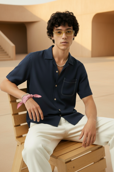 Navy Blue Linen Cuban Collar Shirt