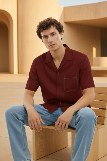 Deep Maroon Linen Cuban Collar Shirt