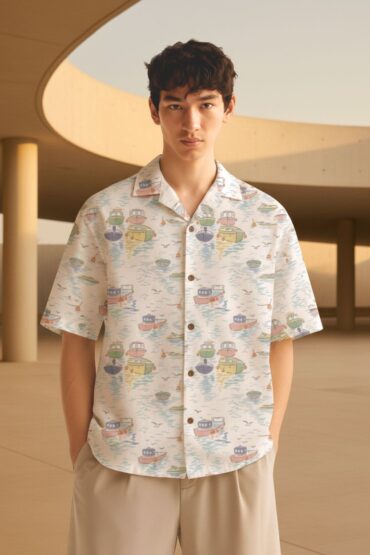 Vintage Boat Print Cuban Collar Shirt