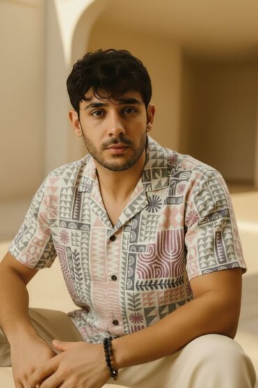 Green Abstract Tribal Print Cuban Collar Shirt