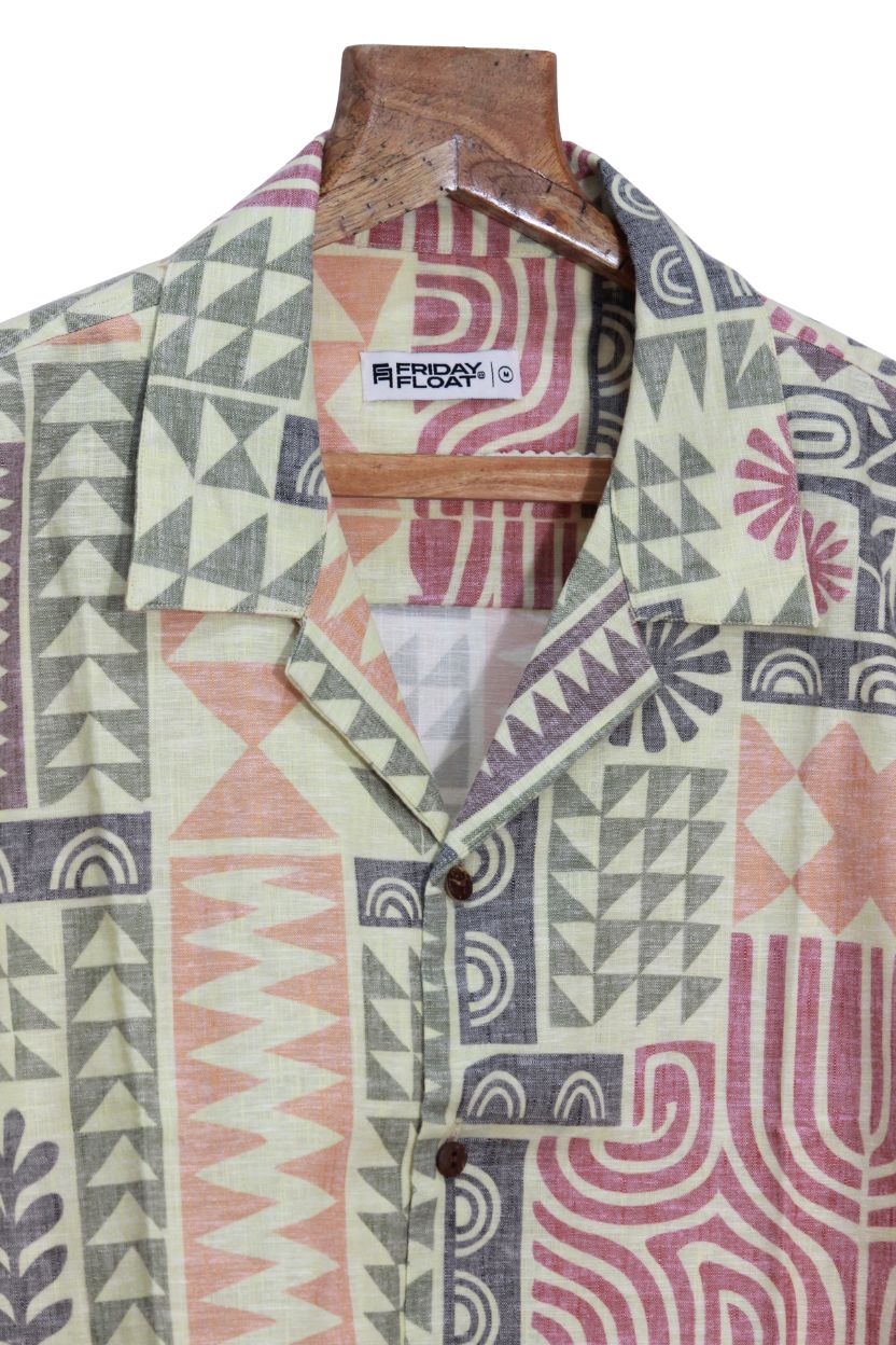 Green Abstract Tribal Print Cuban Collar Shirt - Image 3