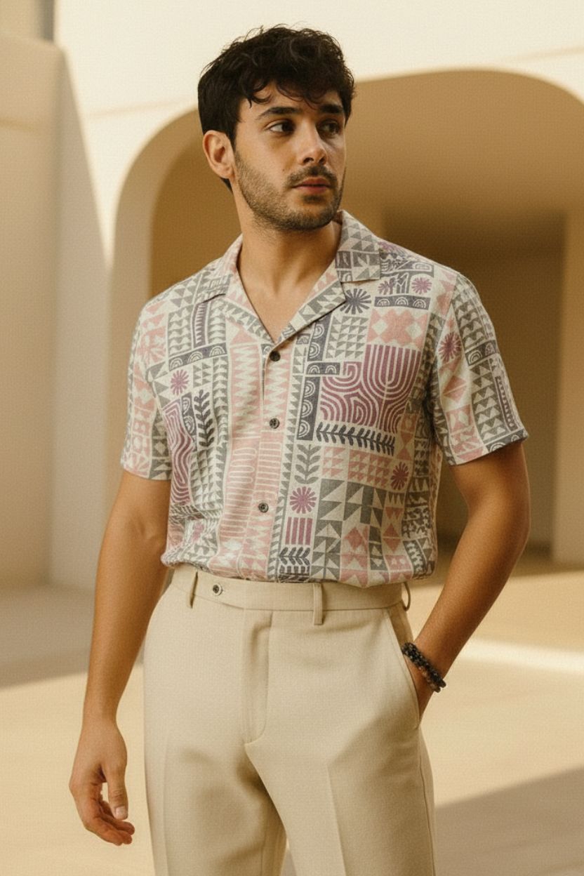 Green Abstract Tribal Print Cuban Collar Shirt - Image 2