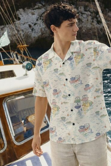 Vintage Boat Print Cuban Collar Shirt
