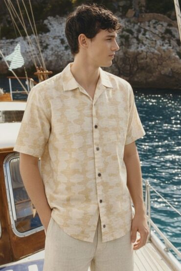 Beige Abstract Geometric Cuban Collar Shirt