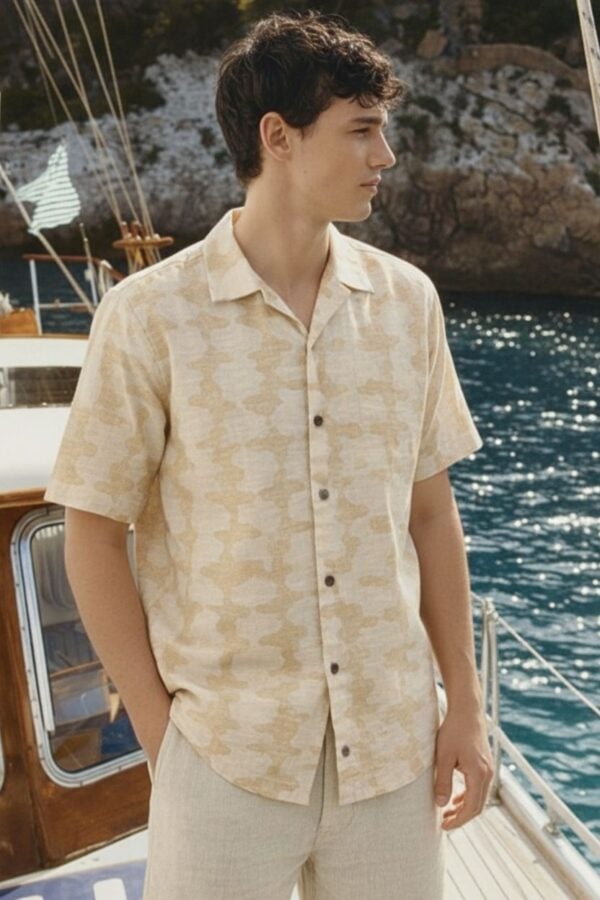 Beige Abstract Geometric Cuban Collar Shirt
