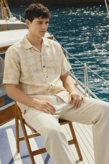 Beige Abstract Geometric Cuban Collar Shirt