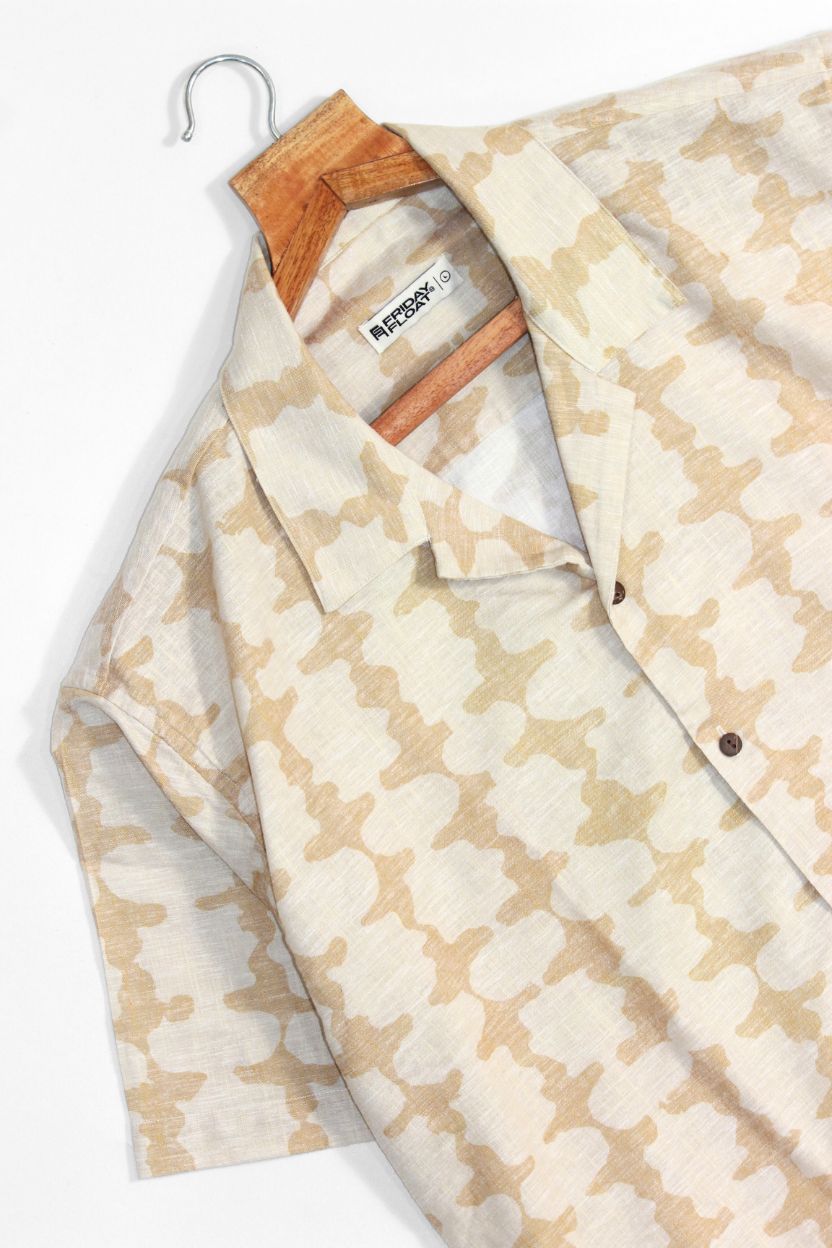 Beige Abstract Geometric Cuban Collar Shirt - Image 4