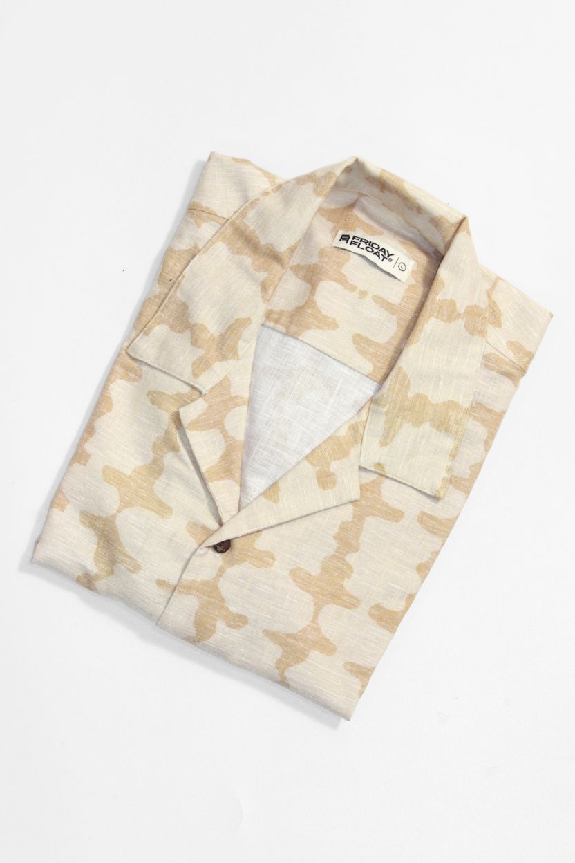 Beige Abstract Geometric Cuban Collar Shirt - Image 3