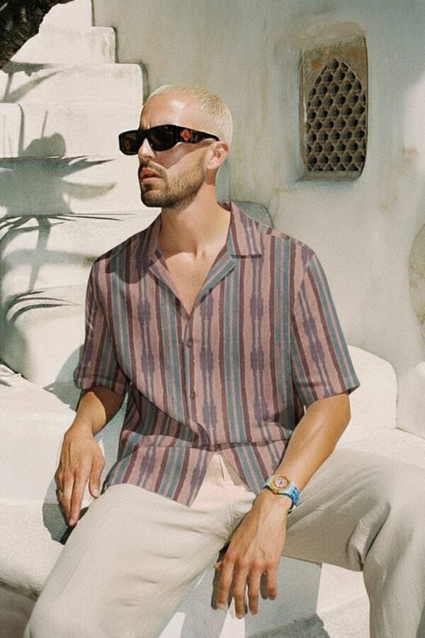 Earthy Rugged Finish Striped Cuban Collar Shirt