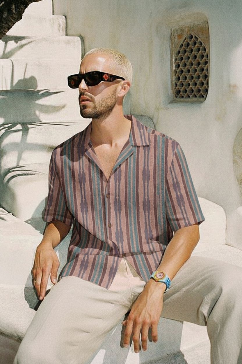 Earthy Rugged Finish Striped Cuban Collar Shirt