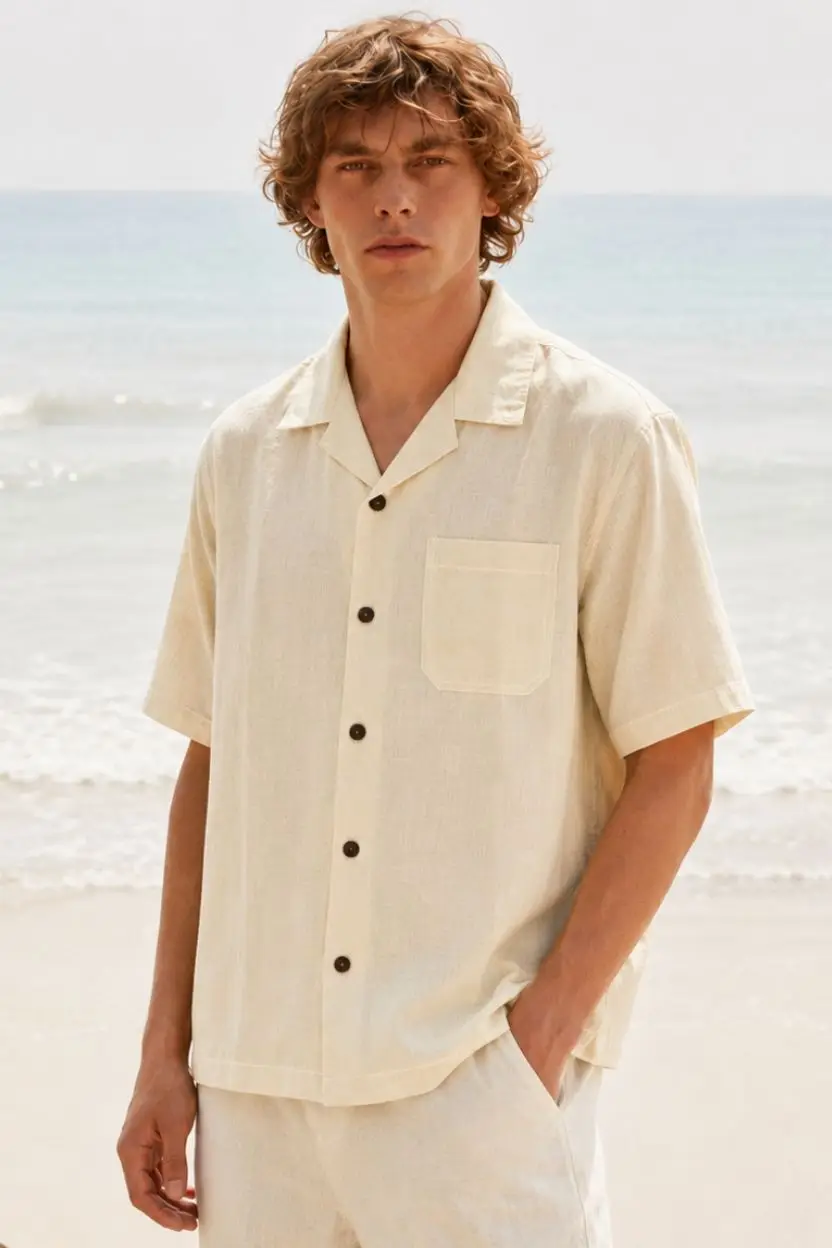 White Linen Cuban Collar Shirt