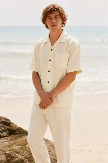 White Linen Cuban Collar Shirt
