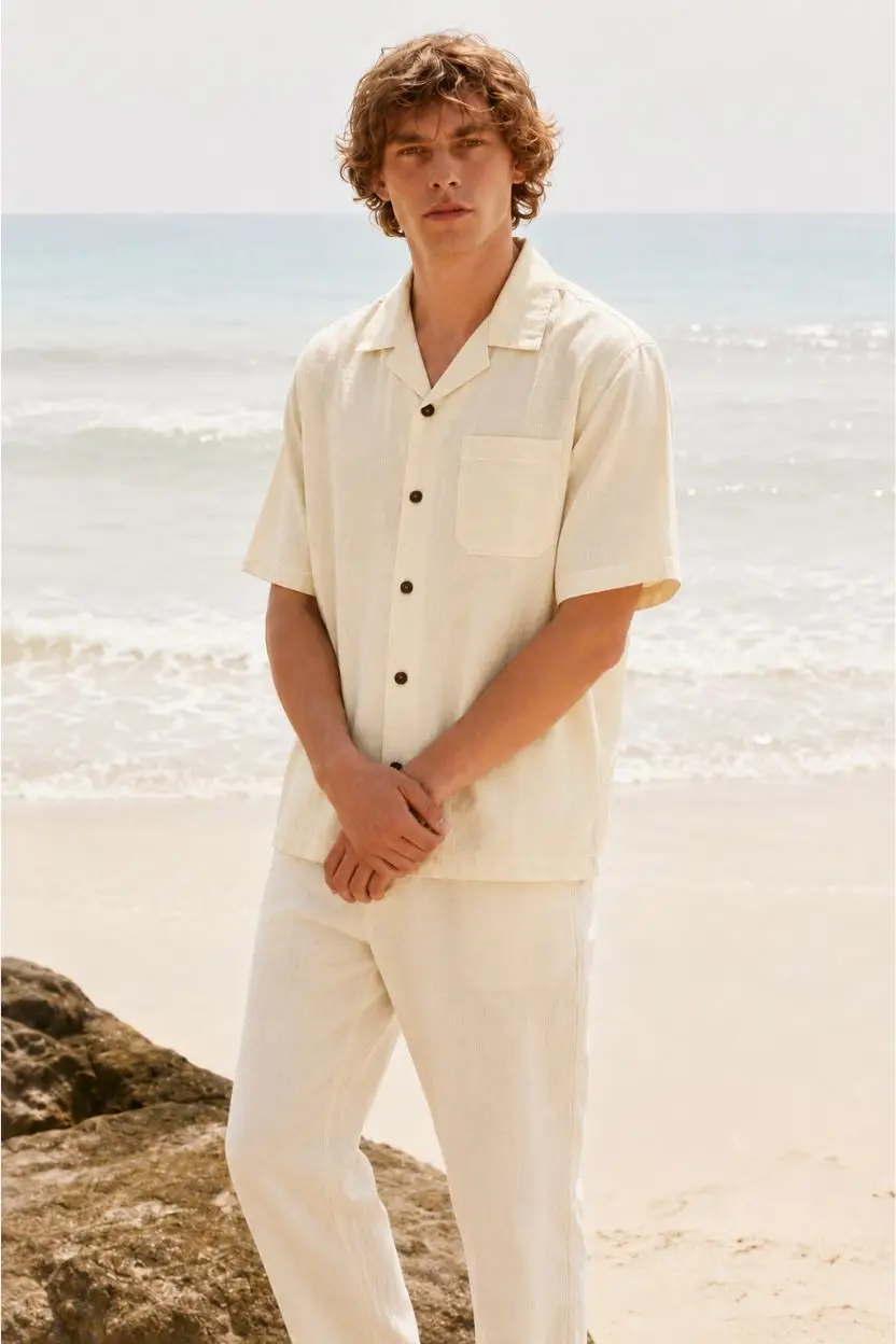 White Linen Cuban Collar Shirt - Image 3