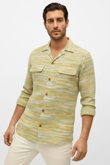 Striped Khadi Cuban Collar Shirt – Olive Yellow
