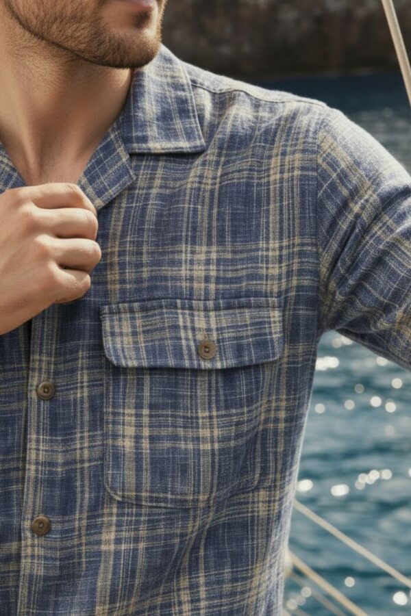 Cuban Collar Full Sleeve Khadi Cotton Blue Textured Shirt Men