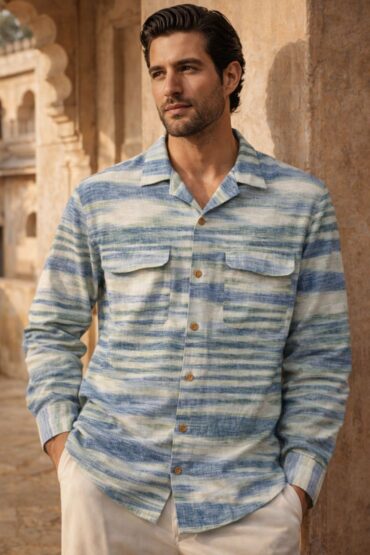 Pure Khadi Blue & Green Textured Cuban Shirt Full Sleeves for Men
