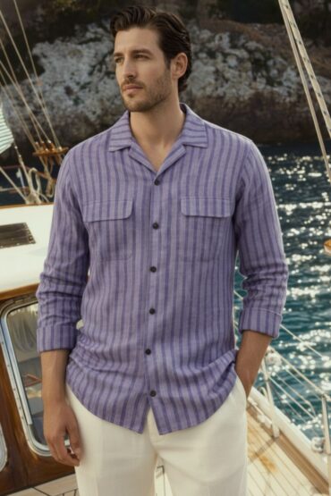 Textured Stripe Khadi Cuban Collar Shirt