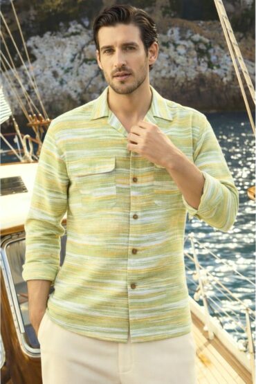 Striped Khadi Cuban Collar Shirt – Olive Yellow