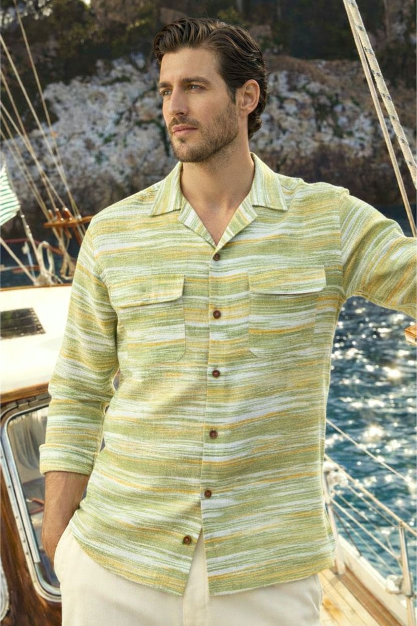 Striped Khadi Cuban Collar Shirt – Olive Yellow - Image 2