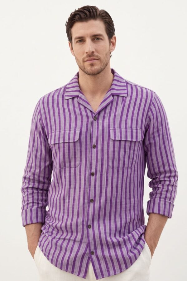Textured Stripe Khadi Cuban Collar Shirt