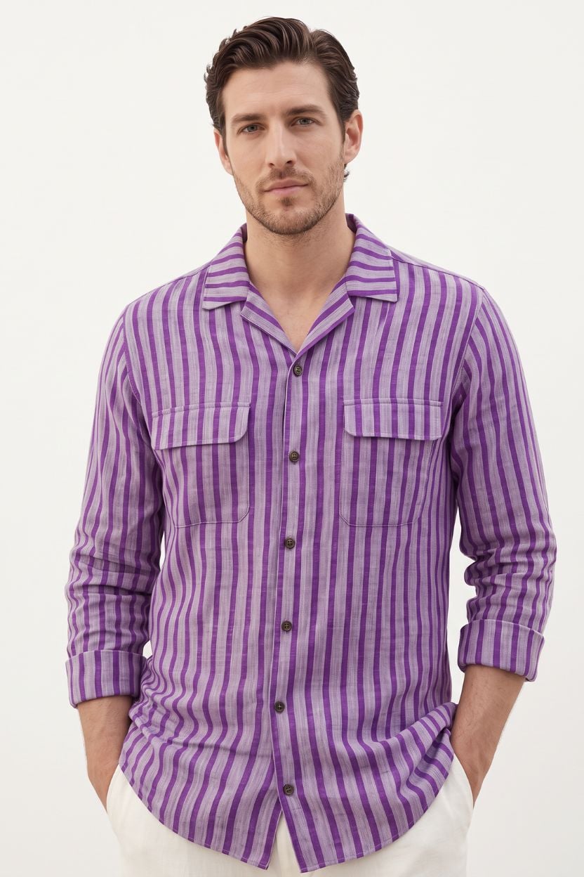 Textured Stripe Khadi Cuban Collar Shirt