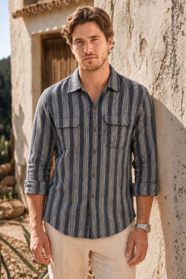 Textured Stripe Printed Khadi Camp Collar Shirt Black & Grey