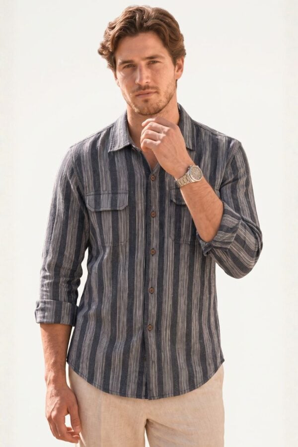 Textured Stripe Printed Khadi Camp Collar Shirt Black & Grey