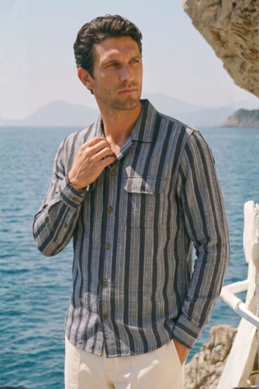 Textured Stripe Printed Khadi Camp Collar Shirt Black & Grey