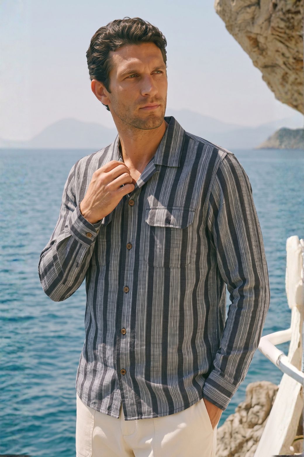 Textured Stripe Printed Khadi Camp Collar Shirt Black & Grey