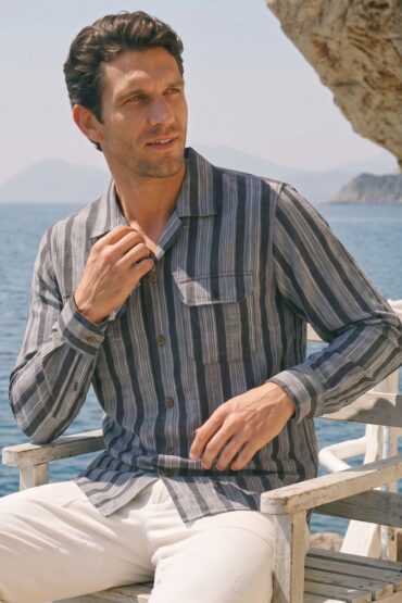 Textured Stripe Printed Khadi Camp Collar Shirt Black & Grey