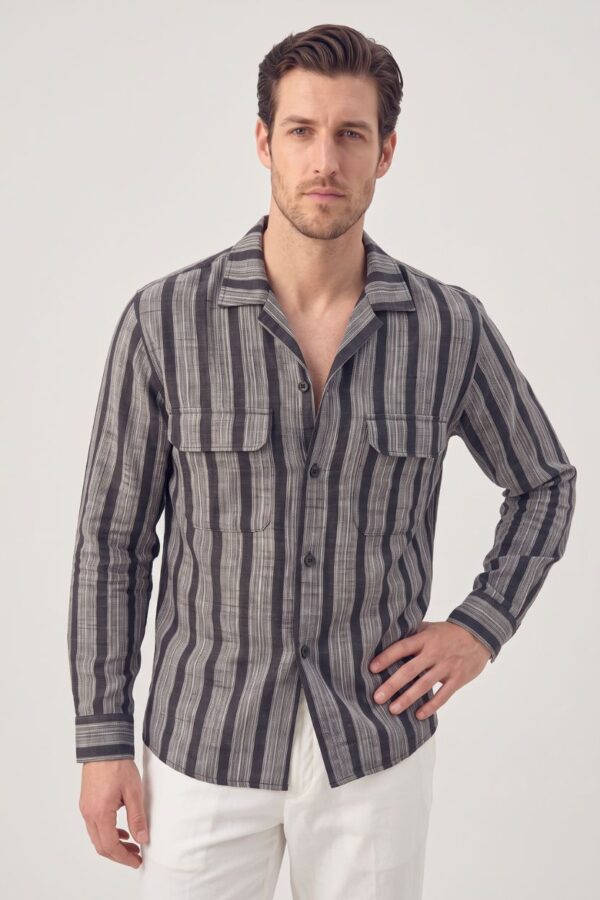 Textured Stripe Printed Khadi Camp Collar Shirt Black & Grey