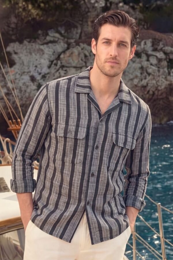 Textured Stripe Printed Khadi Camp Collar Shirt Black & Grey