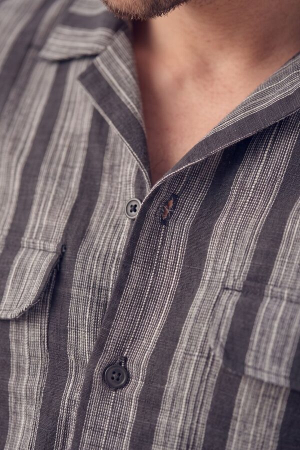 Textured Stripe Printed Khadi Camp Collar Shirt Black & Grey