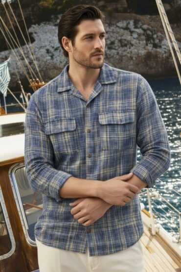 Cuban Collar Full Sleeve Khadi Cotton Blue Textured Shirt Men