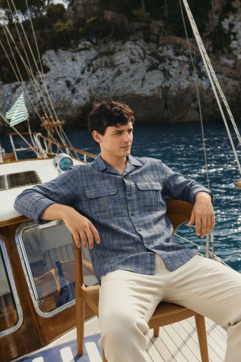 Khadi Textured Blue Full Sleeves Cuban Shirt Men - Image 2