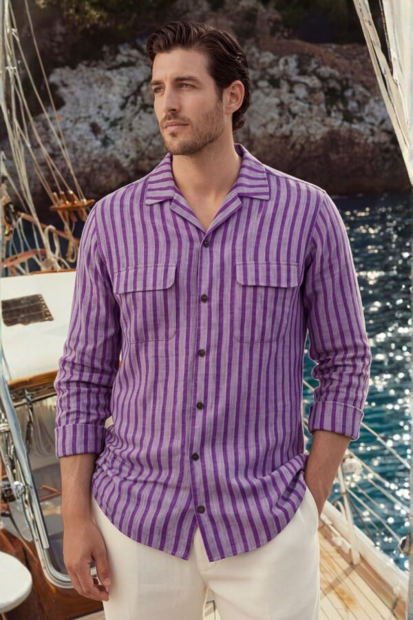 Textured Stripe Khadi Cuban Collar Shirt