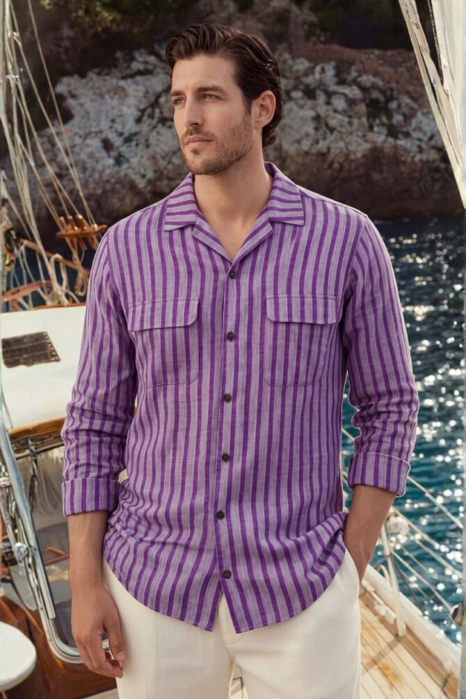 Textured Stripe Khadi Cuban Collar Shirt