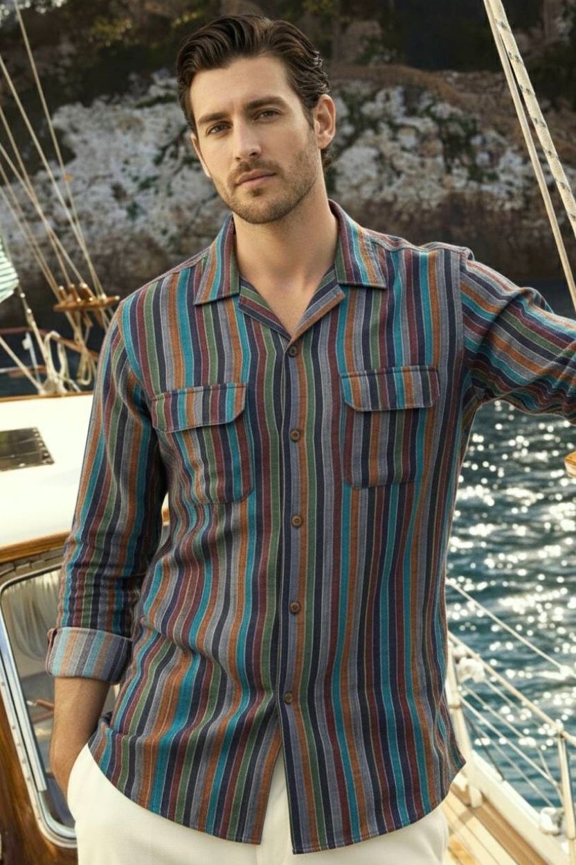 Textured Foil Stripe Khadi Cuban Collar Shirt