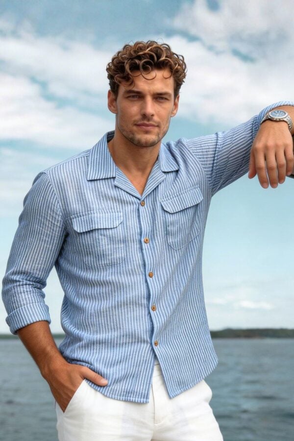 Stripe Blue & White Cuban Collar Shirt